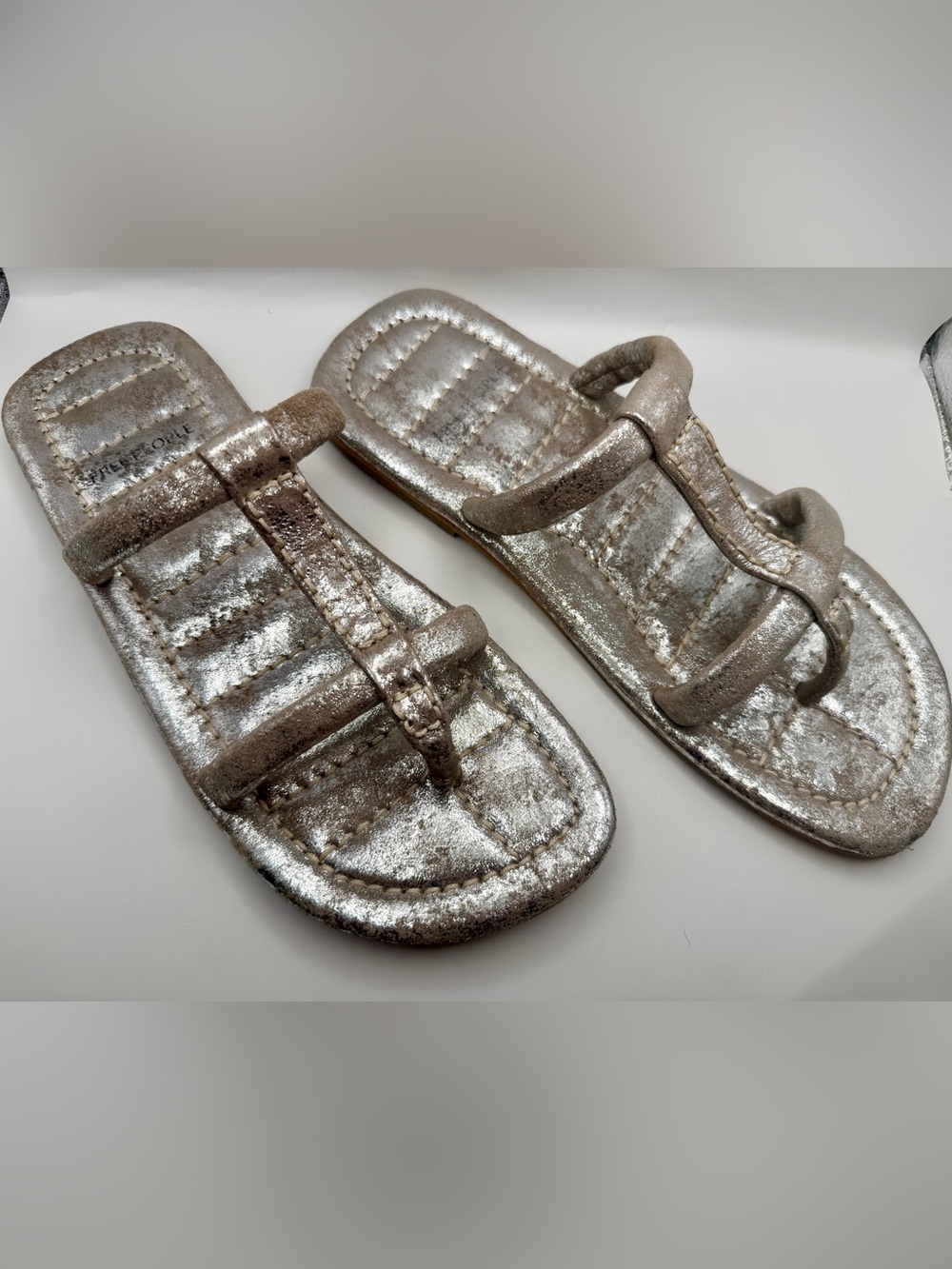 Free People Sandals Sz 9 Silver Brown Hadden Leather Slide Champagne Thong
